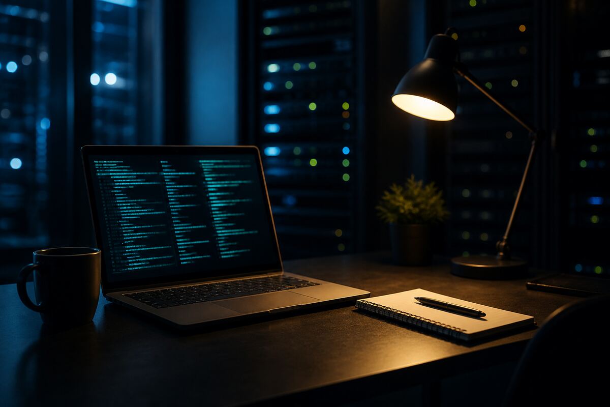 A dim workstation with a glowing terminal beside out-of-focus server equipment.